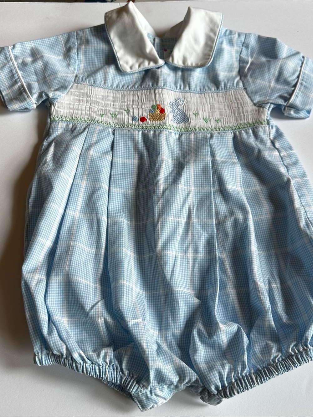 Classic Light Blue Smocked Baby One-Piece with Peter Pan Collar 9M